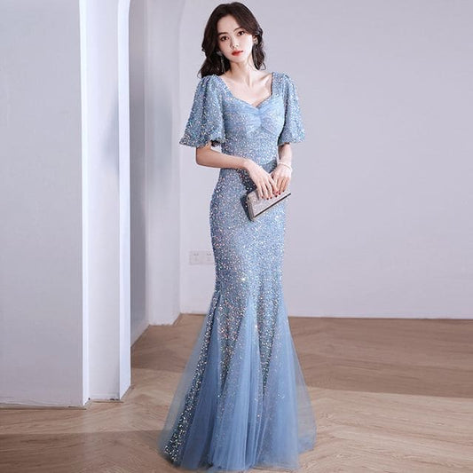 V-Neck Glitter Mermaid Evening Gown