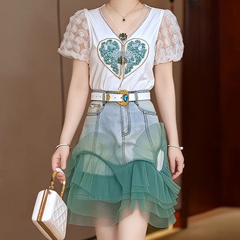 V-neck Heart Print Shirt Denim Skirt