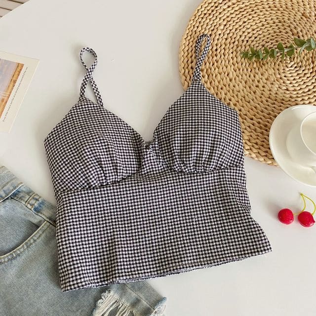 V-Neck Plaid Crop Bustier Top - Gingham - Black / One Size