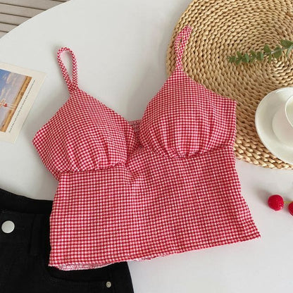 V-Neck Plaid Crop Bustier Top - Gingham - Red / One Size