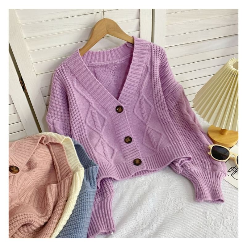 V-Neck Plain Button-Up Cable Knit Cardigan