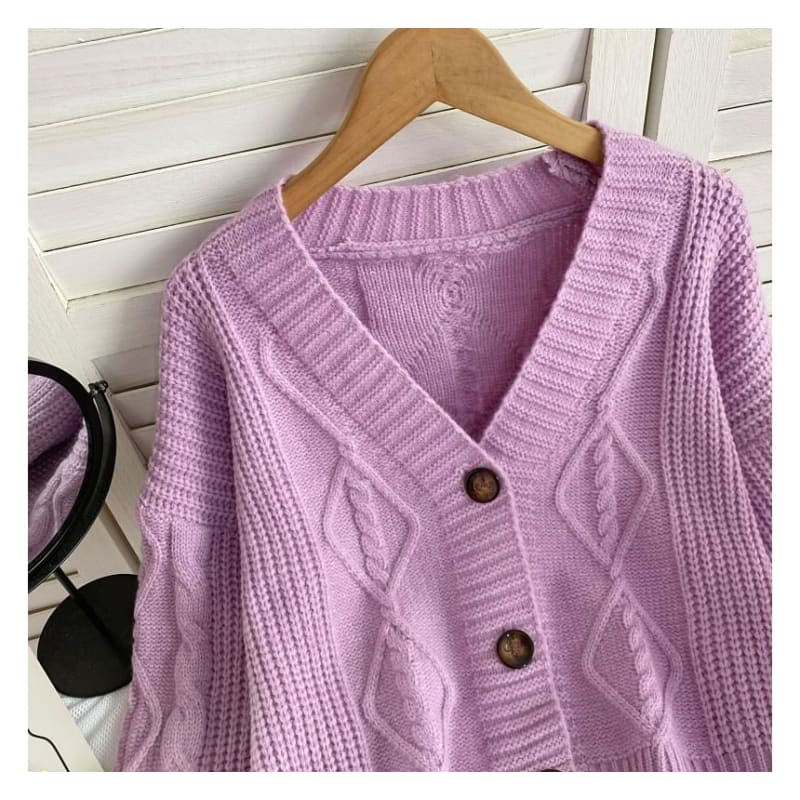 V-Neck Plain Button-Up Cable Knit Cardigan