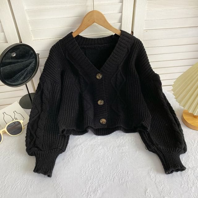 V-Neck Plain Button-Up Cable Knit Cardigan - Black