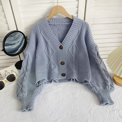 V-Neck Plain Button-Up Cable Knit Cardigan - Blue / One Size