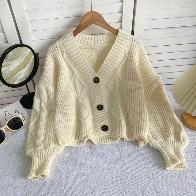 V-Neck Plain Button-Up Cable Knit Cardigan - Off-White