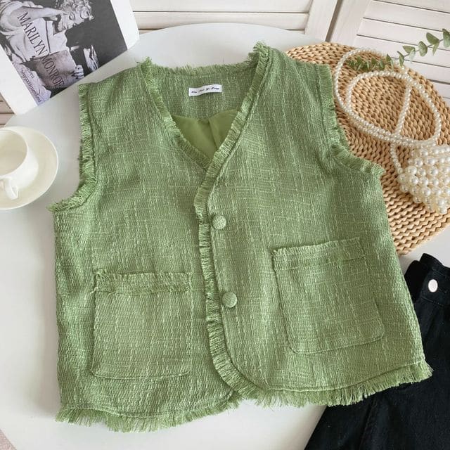 V-Neck Plain Button-Up Vest - Green / One Size