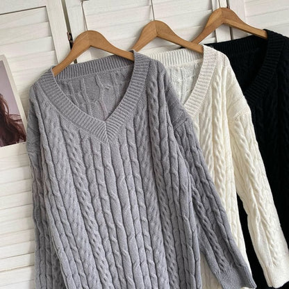 V-Neck Plain Cable Knit Sweater Dress