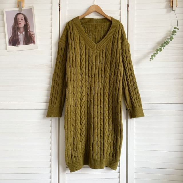 V-Neck Plain Cable Knit Sweater Dress - Army Green