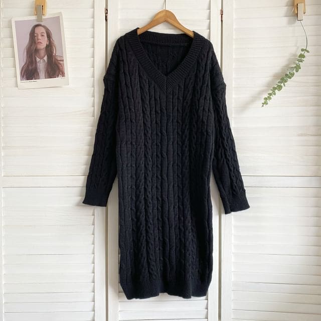 V-Neck Plain Cable Knit Sweater Dress - Black / One Size