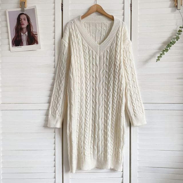 V-Neck Plain Cable Knit Sweater Dress - Off-White / One Size