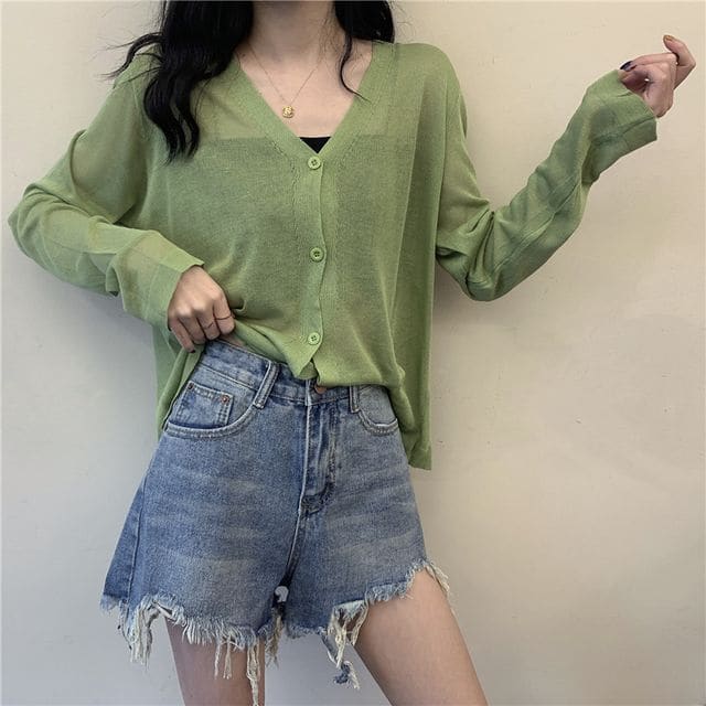 V-Neck Plain Crop Cardigan - Fruit Green / One Size