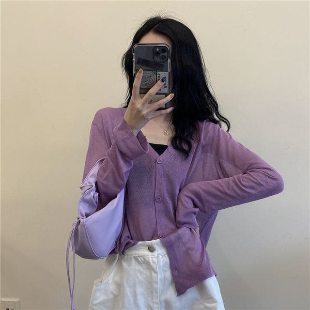 V-Neck Plain Crop Cardigan - Purple / One Size