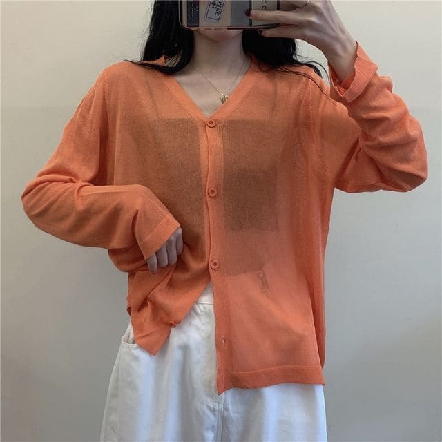 V-Neck Plain Crop Cardigan - Tangerine / One Size