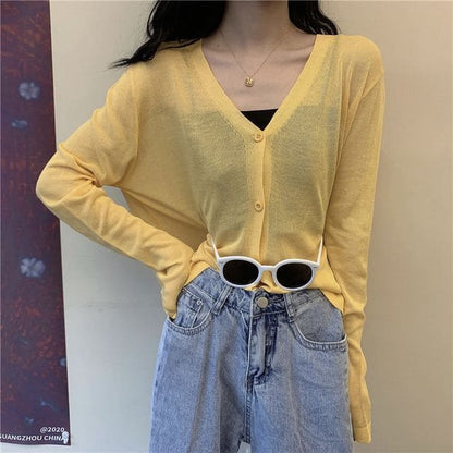 V-Neck Plain Crop Cardigan - Yellow / One Size