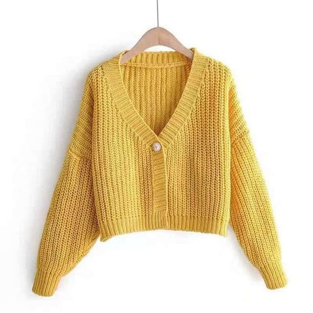 V-Neck Plain Cropped Cardigan - Yellow / One Size