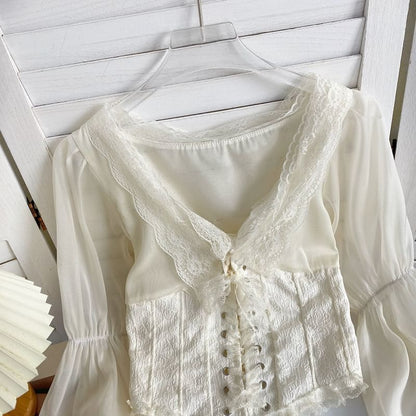 V-Neck Plain Lace Trim Bustier Blouse