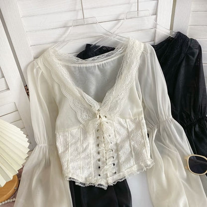 V-Neck Plain Lace Trim Bustier Blouse