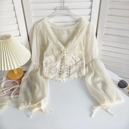 V-Neck Plain Lace Trim Bustier Blouse - Almond / One Size