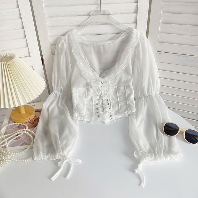 V-Neck Plain Lace Trim Bustier Blouse - White / One Size