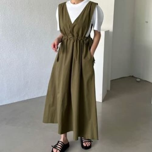 V-Neck Plain Midi A-Line Jumper Dress - Army Green