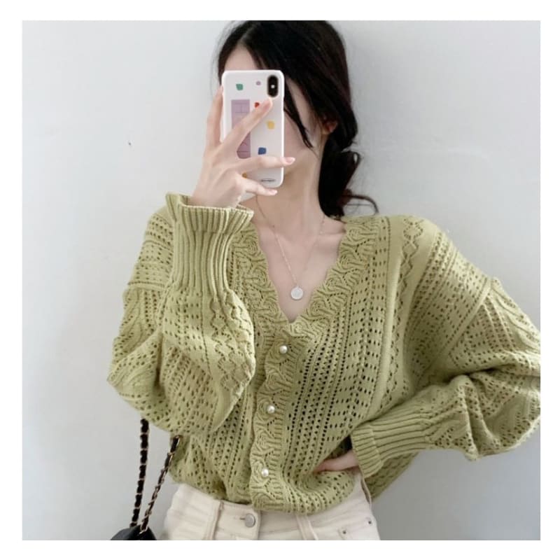 V-Neck Plain Pointelle Knit Cardigan