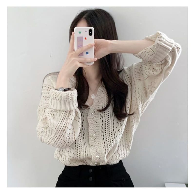 V-Neck Plain Pointelle Knit Cardigan