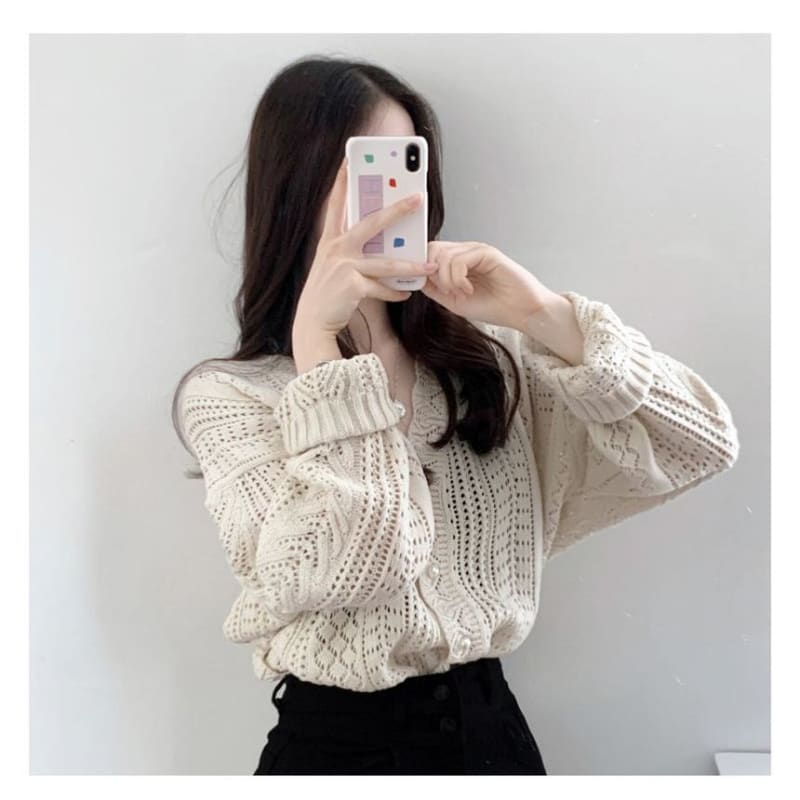 V-Neck Plain Pointelle Knit Cardigan