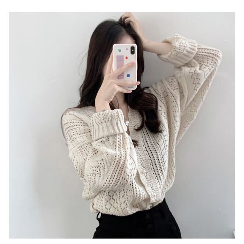 V-Neck Plain Pointelle Knit Cardigan