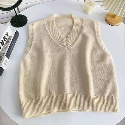 V-Neck Plain Sweater Vest - Almond / One Size