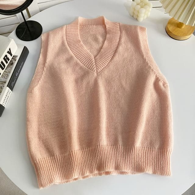 V-Neck Plain Sweater Vest - Pink / One Size