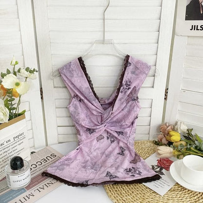 V-Neck Print Lace Trim Tank Top - Light Purple / One Size