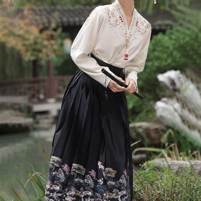 V-neck Shirt Vintage Print Pleated Skirt