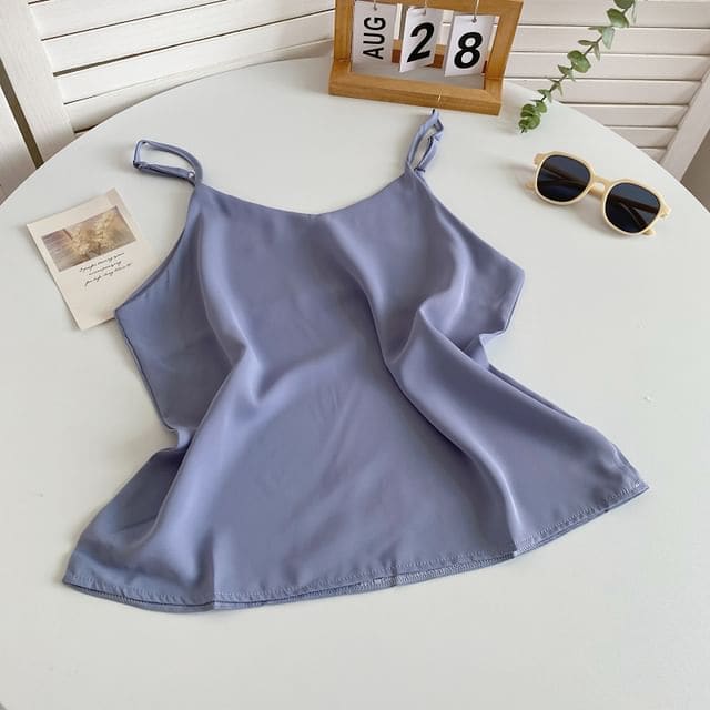 V-Neck Silky Camisole Top - Airy Blue / One Size