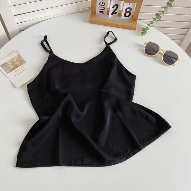 V-Neck Silky Camisole Top - Black / One Size