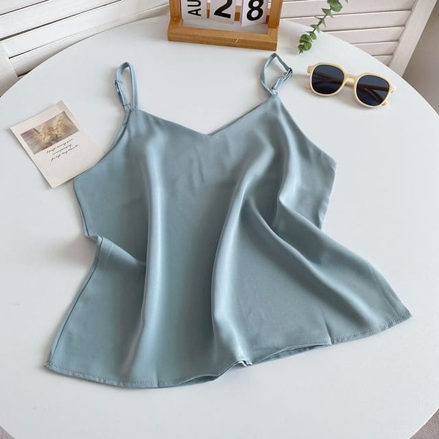 V-Neck Silky Camisole Top - Light Blue / One Size