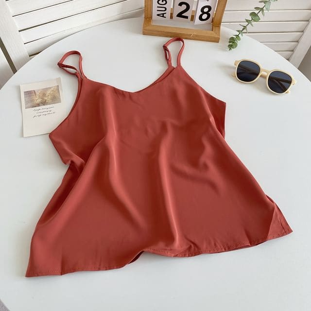 V-Neck Silky Camisole Top - Tangerine Red / One Size