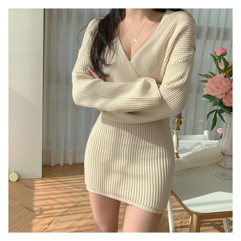 V-Neck Slim-Cut Rib-Knit Mini Dress