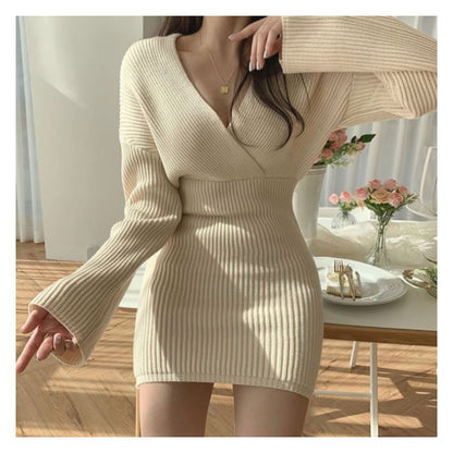 V-Neck Slim-Cut Rib-Knit Mini Dress