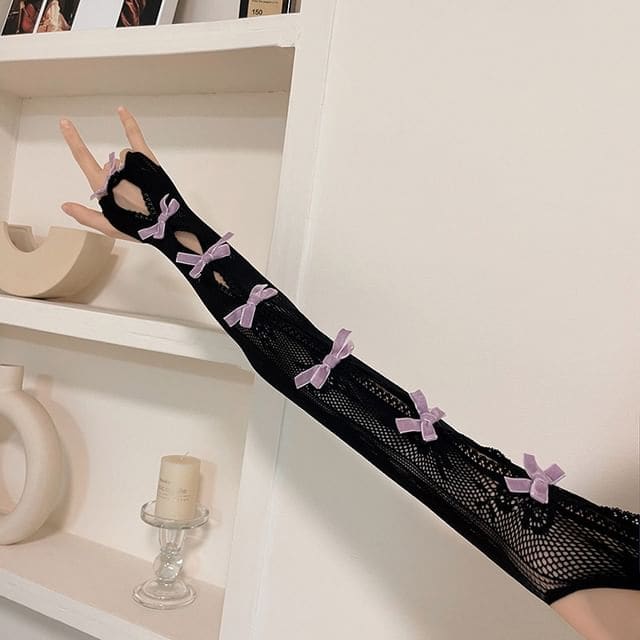 Velvet Bow Lace Arm Sleeves - Black - Purple Bow / One Size