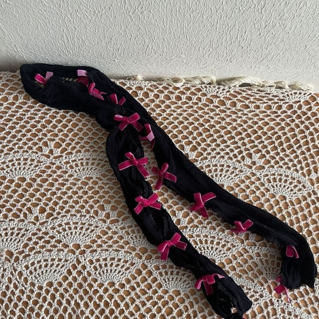 Velvet Bow Lace Arm Sleeves - Black - Rose Pink Bow