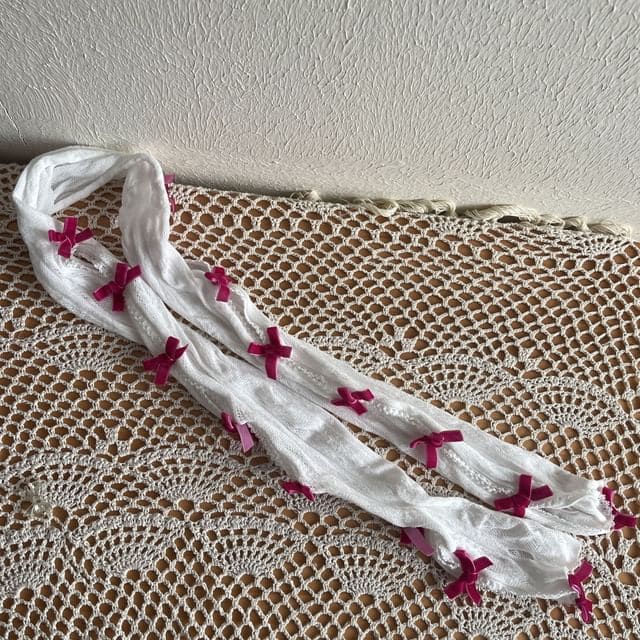 Velvet Bow Lace Arm Sleeves - White - Rose Pink Bow