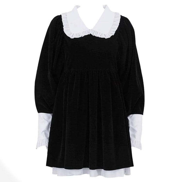 Velvet Collar Mini Black Dress - S / Black - Dresses