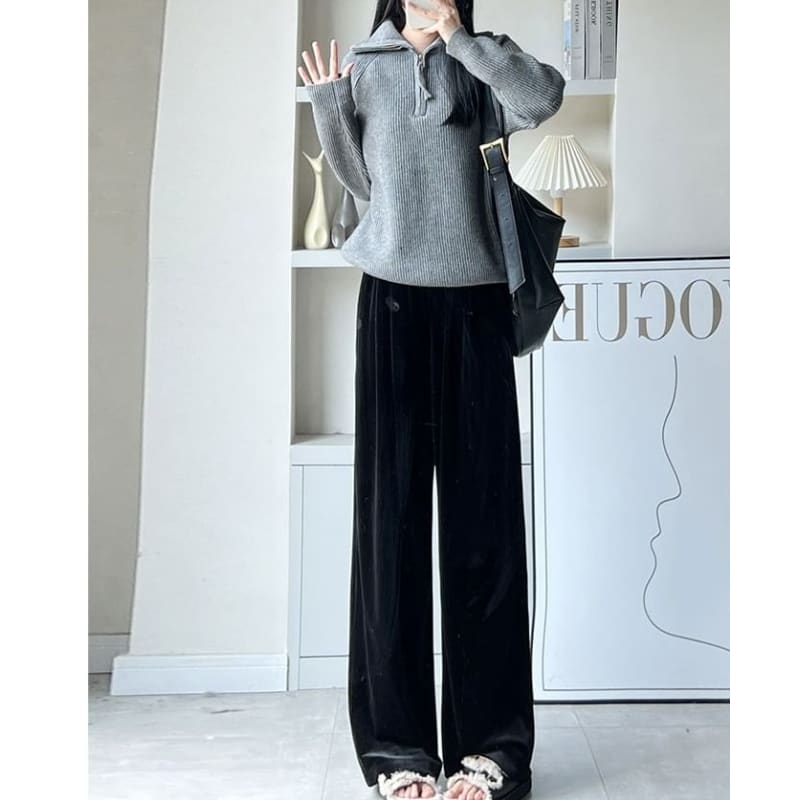 Velvet High Waist Elastic Waist Drape Wide Leg Pants