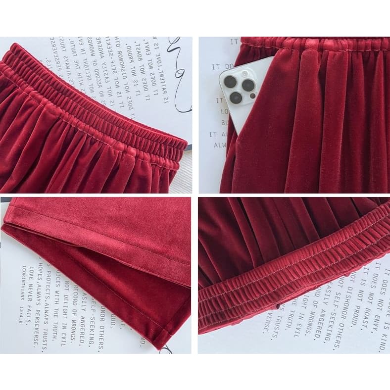 Velvet High Waist Elastic Waist Drape Wide Leg Pants