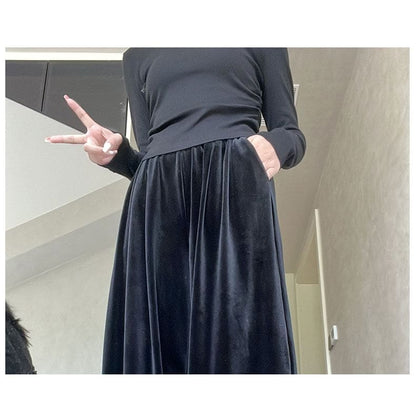 Velvet High Waist Elastic Waist Drape Wide Leg Pants