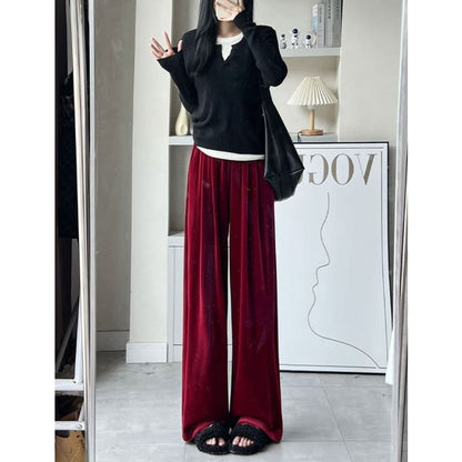 Velvet High Waist Elastic Waist Drape Wide Leg Pants