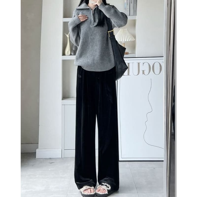 Velvet High Waist Elastic Waist Drape Wide Leg Pants