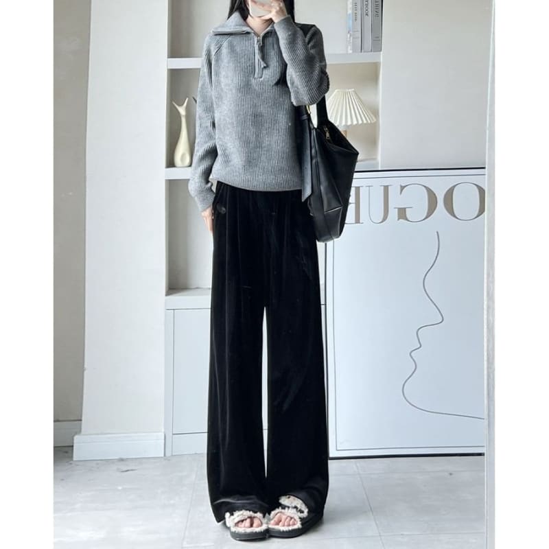 Velvet High Waist Elastic Waist Drape Wide Leg Pants