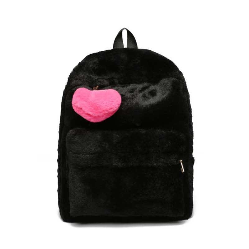 Velvet Love Heart Pattern Zipper Backpack - Black / One Size