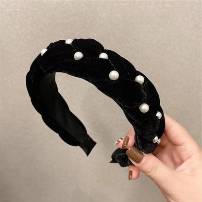 Velvet Wide Headband - Faux Pearl - Black / One Size